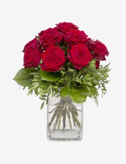 Classic Botanical Red Roses In Glass Vase