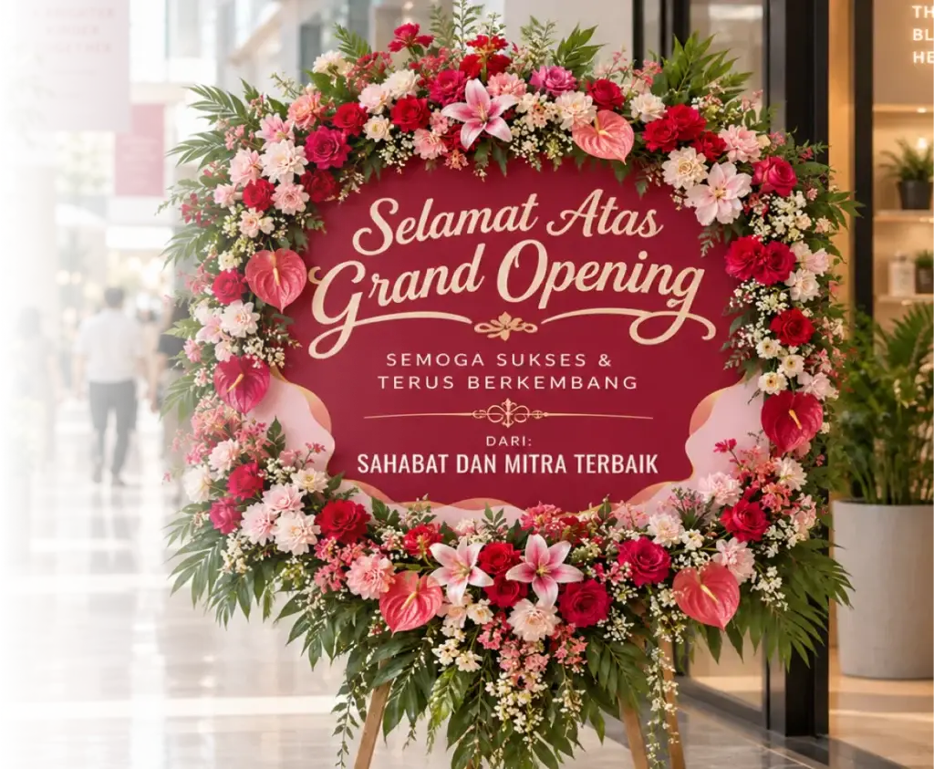 Papan bunga ucapan grand opening dengan rangkaian bunga merah, merah muda, dan putih